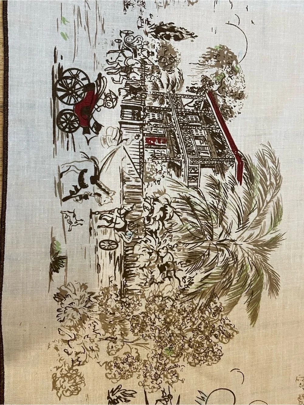 Vintage Charleston Cream Tablecloth with Brown and Green Cottage Border 75x60